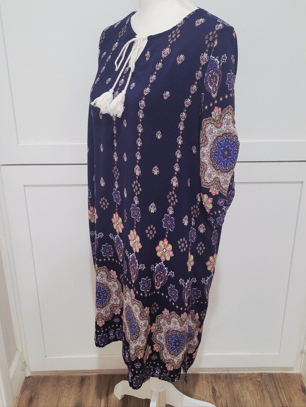 Halife Navy Boho Tassel Tunic Dress with Floral Border | Size XL